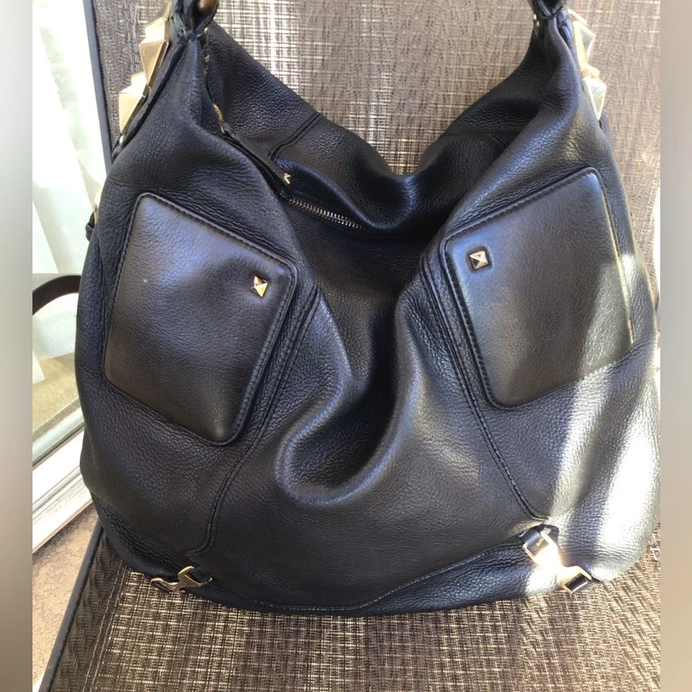 Ann Taylor Black Leather Studded Large Hobo Shoulder Bag